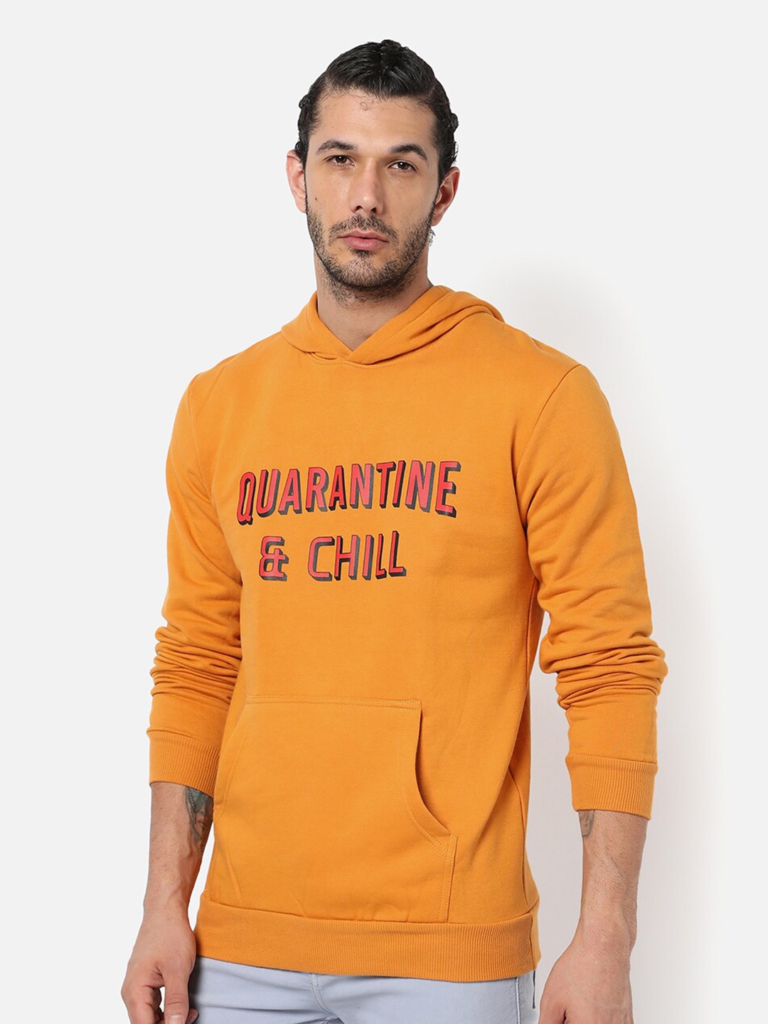 

Campus Sutra Men Mustard Yellow Printed Hooded Cotton Sweatshirt