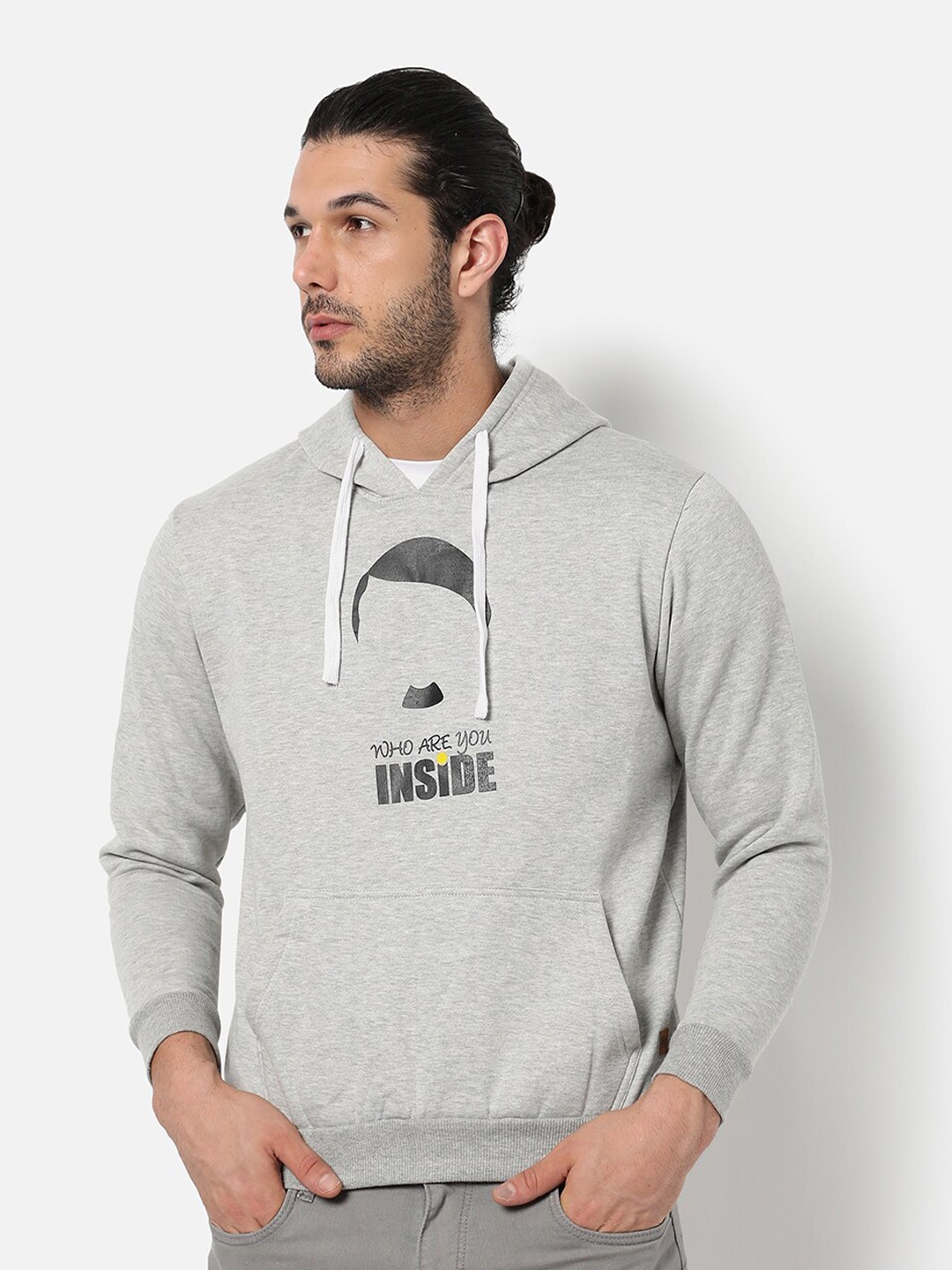 

Campus Sutra Men Grey Printed Hooded Cotton Sweatshirt