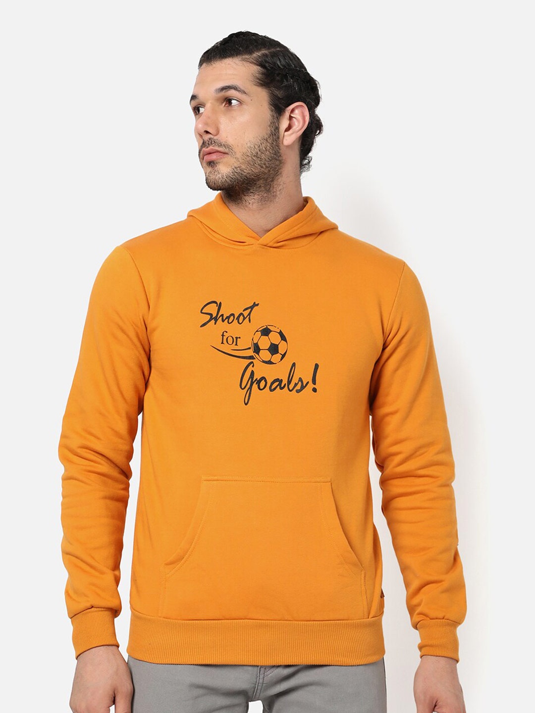 

Campus Sutra Men Mustard Printed Hooded Pull Over Sweatshirt