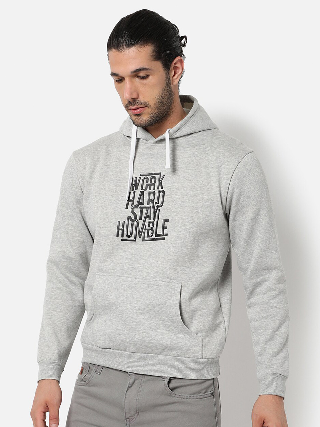 

Campus Sutra Men Grey Printed Hooded Sweatshirt