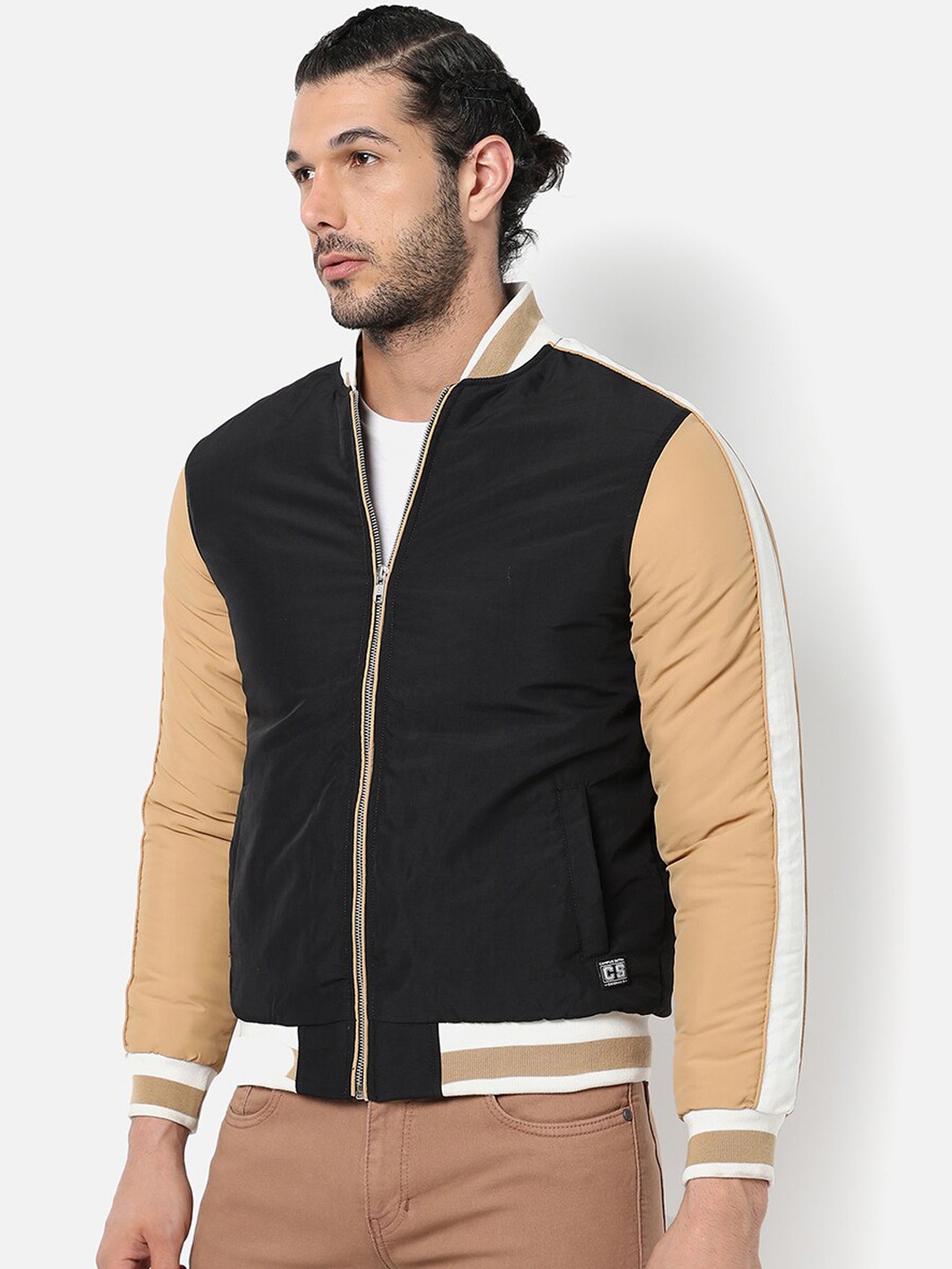 

Campus Sutra Men Black Colourblocked Outdoor Bomber Jacket