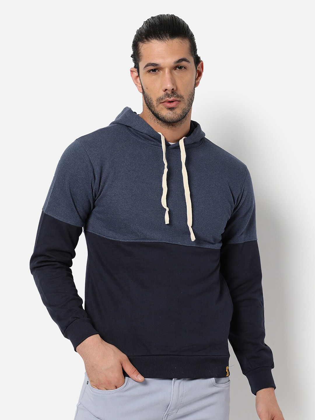 

Campus Sutra Men Blue Colourblocked Hooded Sweatshirt