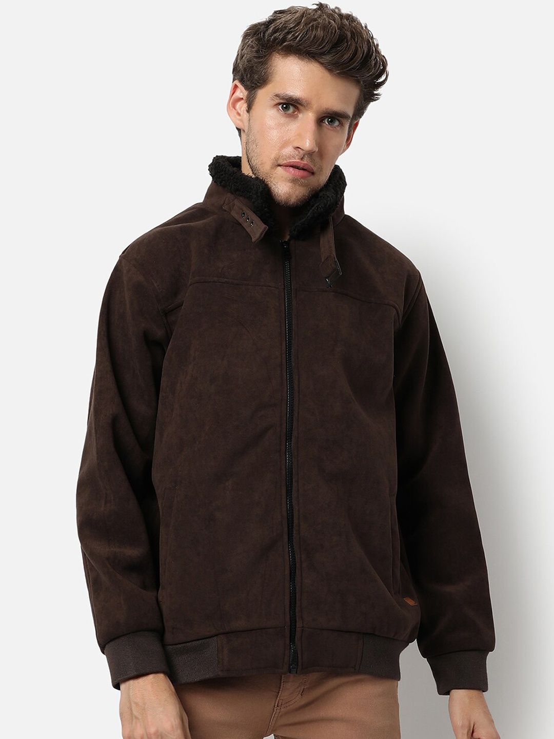 

Campus Sutra Men Brown Suede Windcheater Outdoor Bomber Jacket