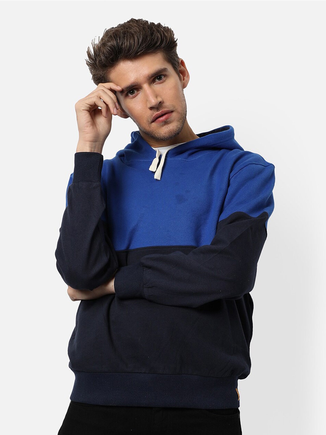 

Campus Sutra Men Blue Colourblocked Hooded Sweatshirt