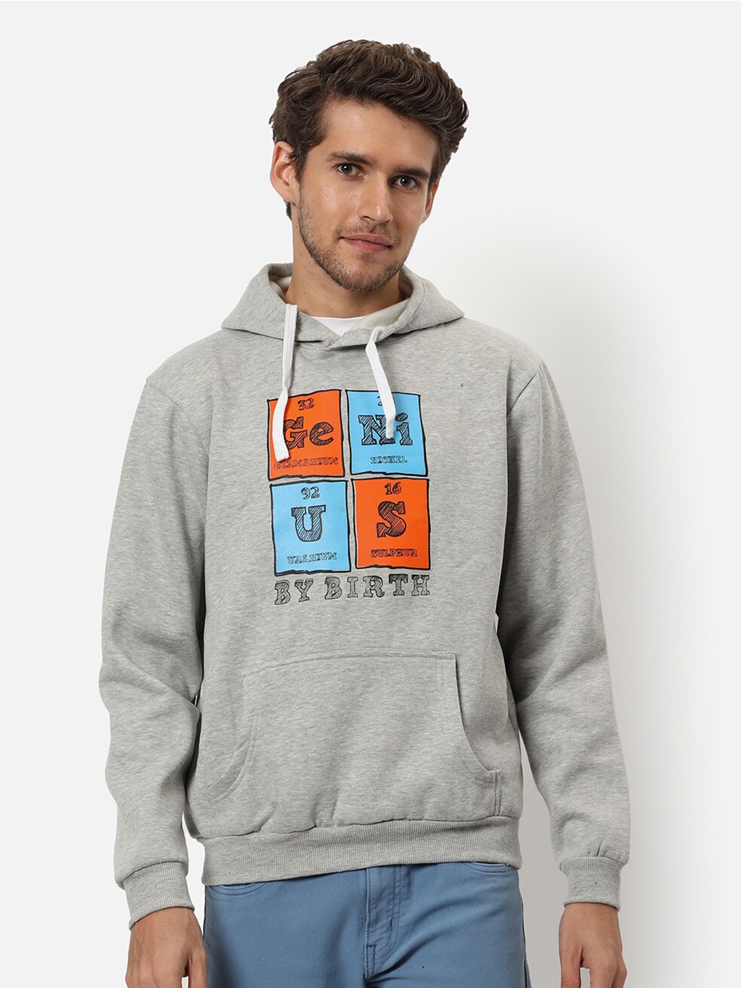 

Campus Sutra Men Grey Printed Hooded Sweatshirt