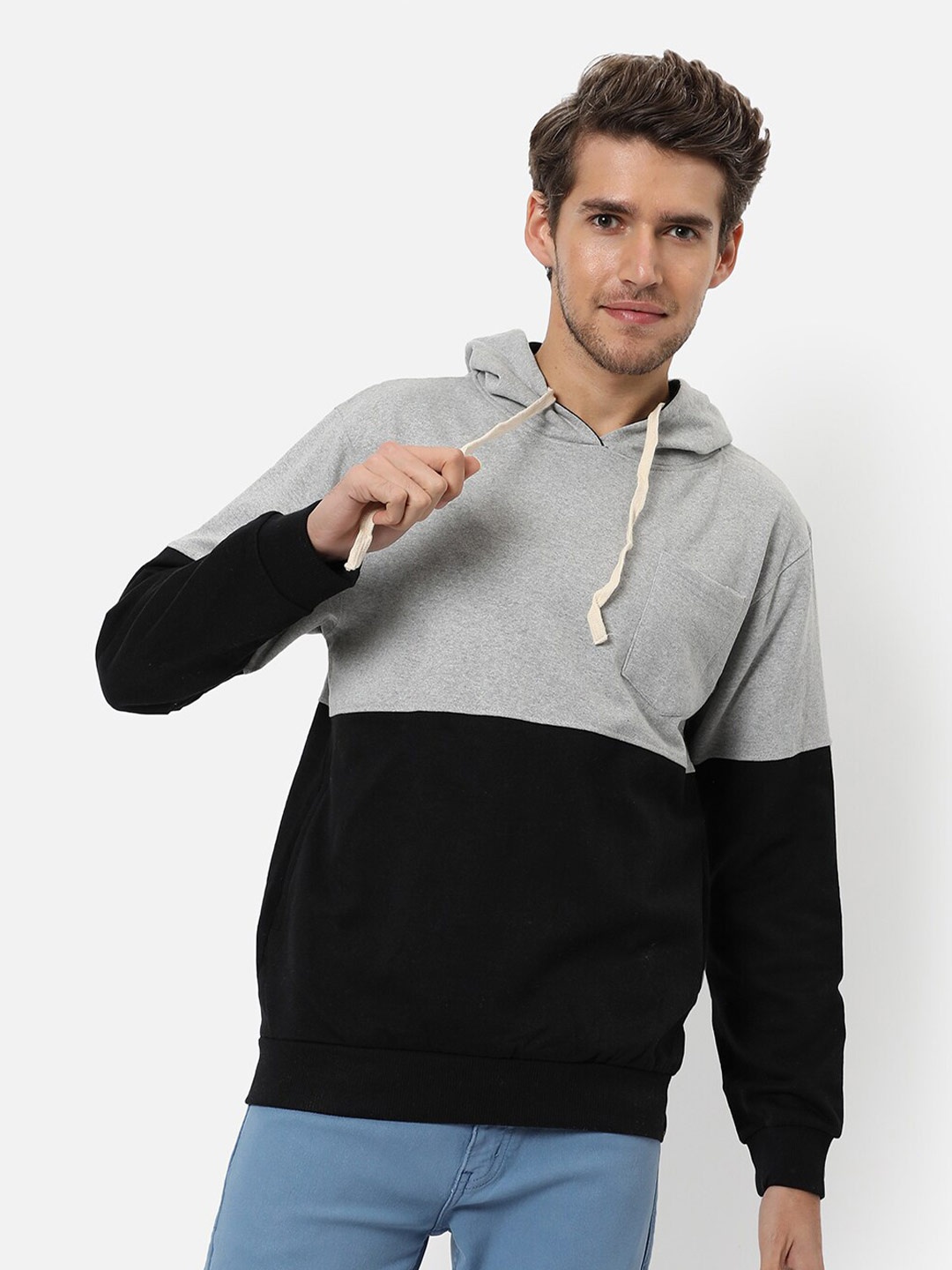 

Campus Sutra Men Black Colourblocked Hooded Sweatshirt