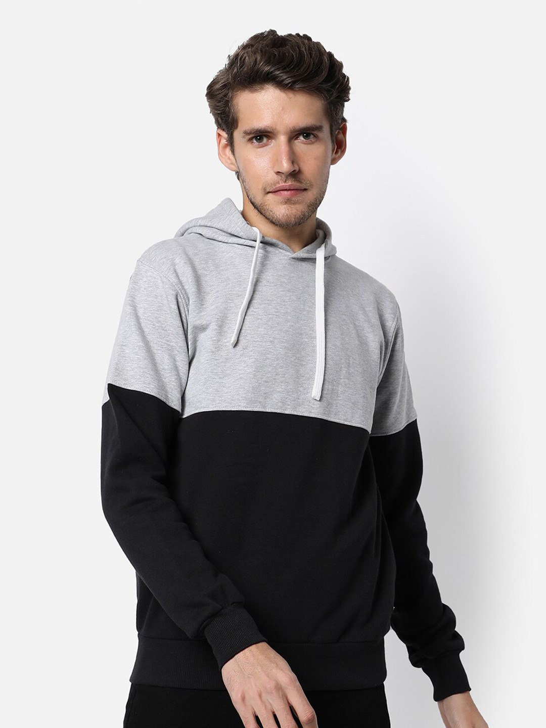 

Campus Sutra Men Black & Grey Colourblocked Regular Fit Hooded Sweatshirt
