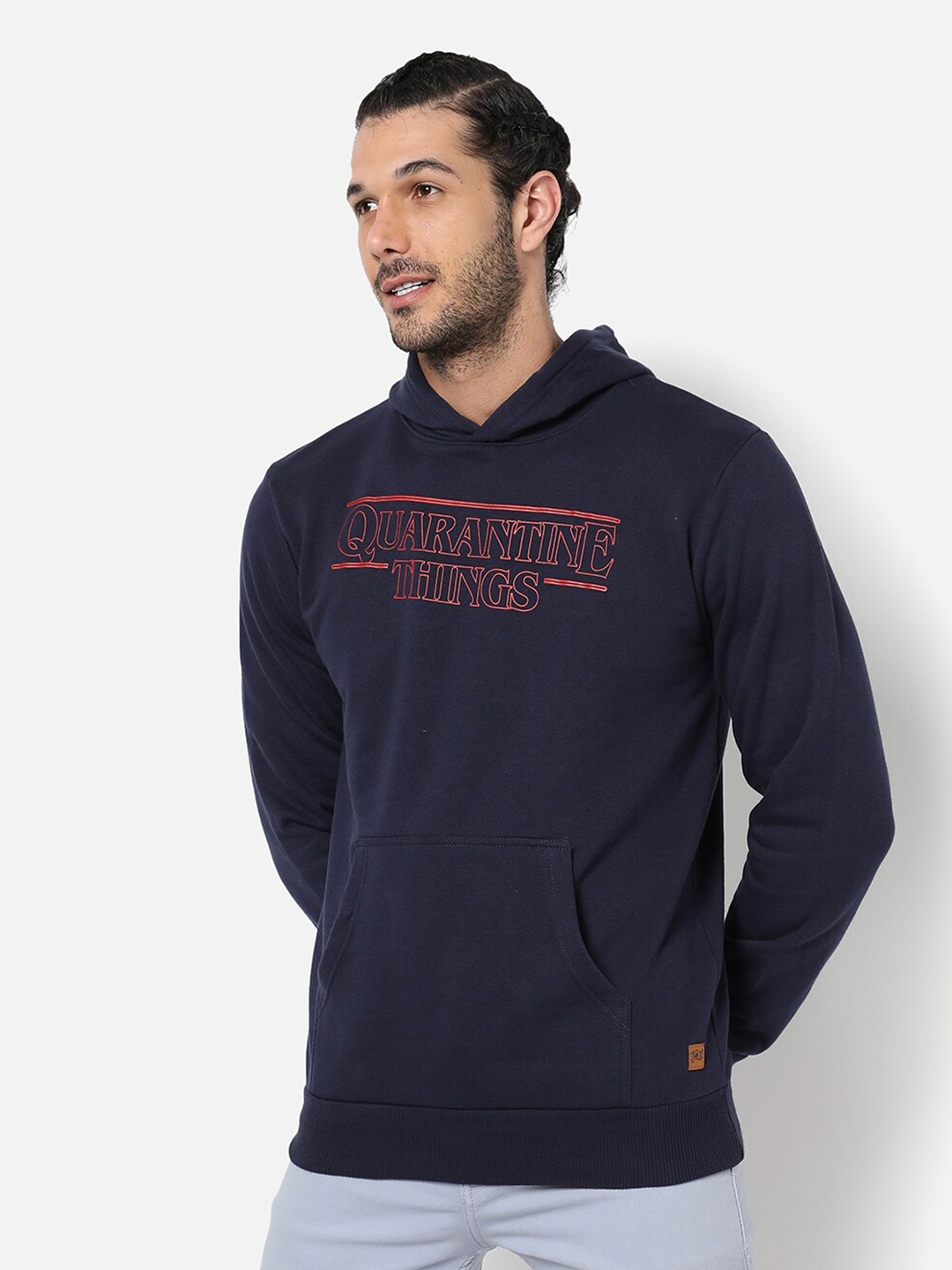 

Campus Sutra Men Blue Printed Regular Fit Cotton Hooded Sweatshirt