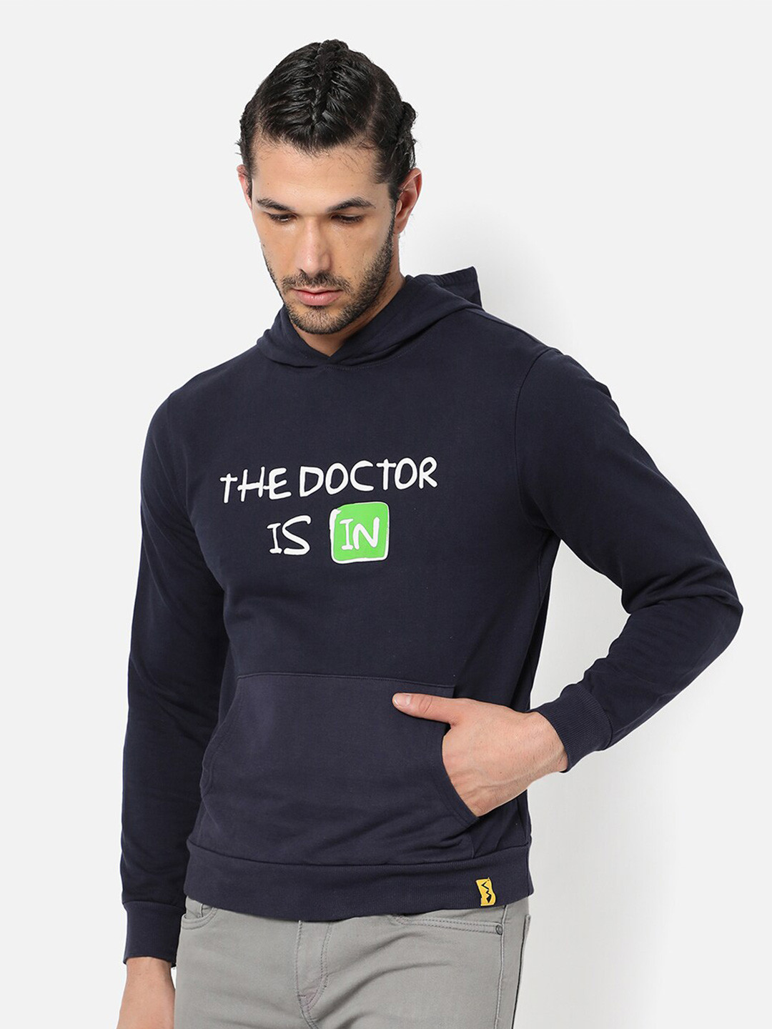 

Campus Sutra Men Blue Printed Hooded Sweatshirt