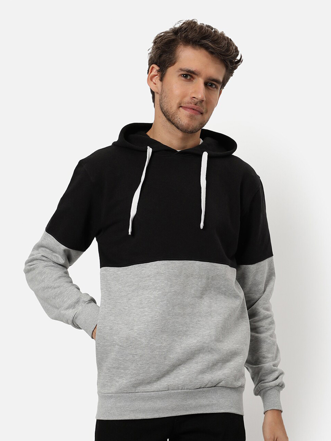 

Campus Sutra Men Grey & Black Colourblocked Hooded Sweatshirt
