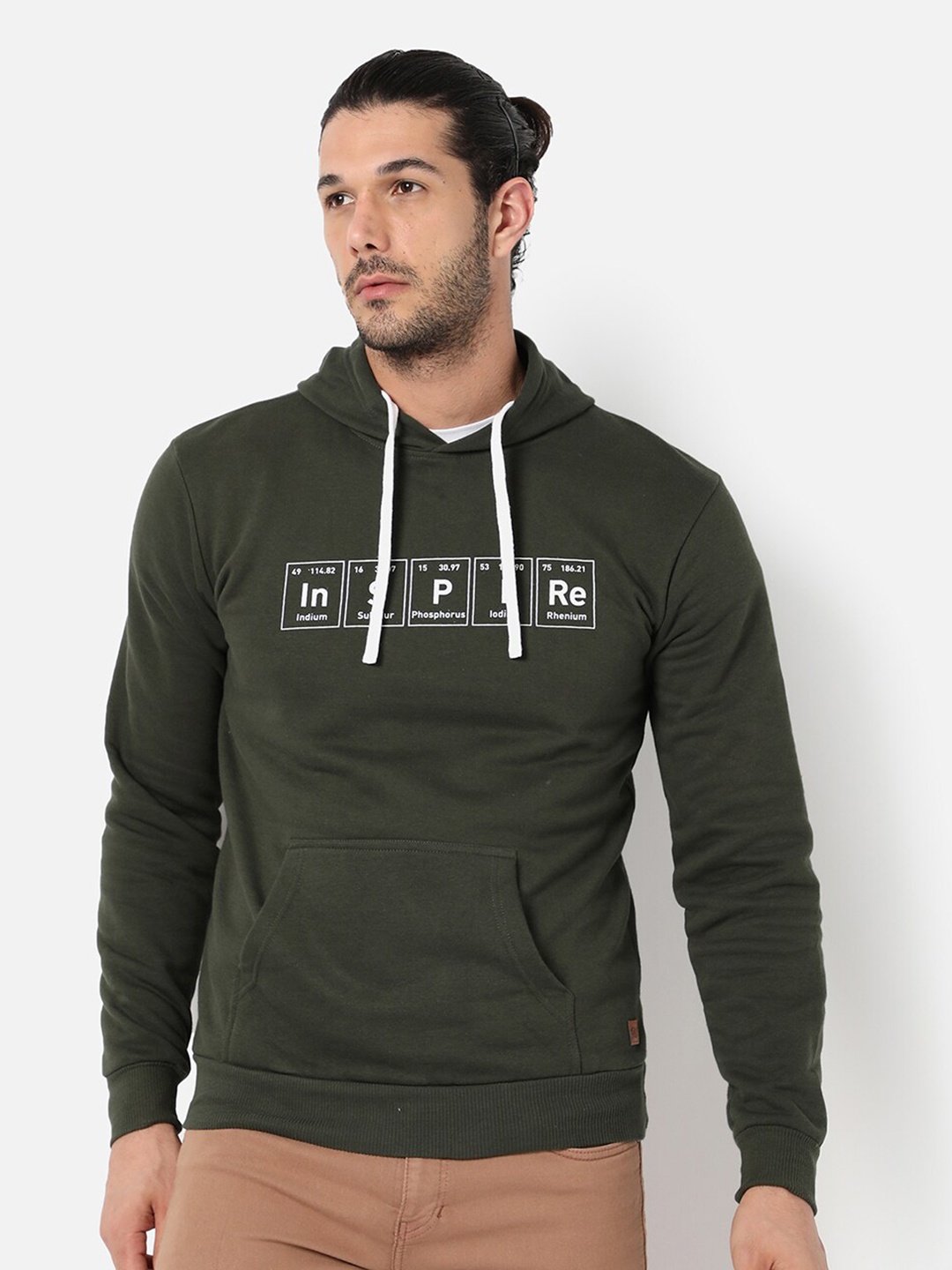 

Campus Sutra Men Olive Green Printed Hooded Cotton Sweatshirt