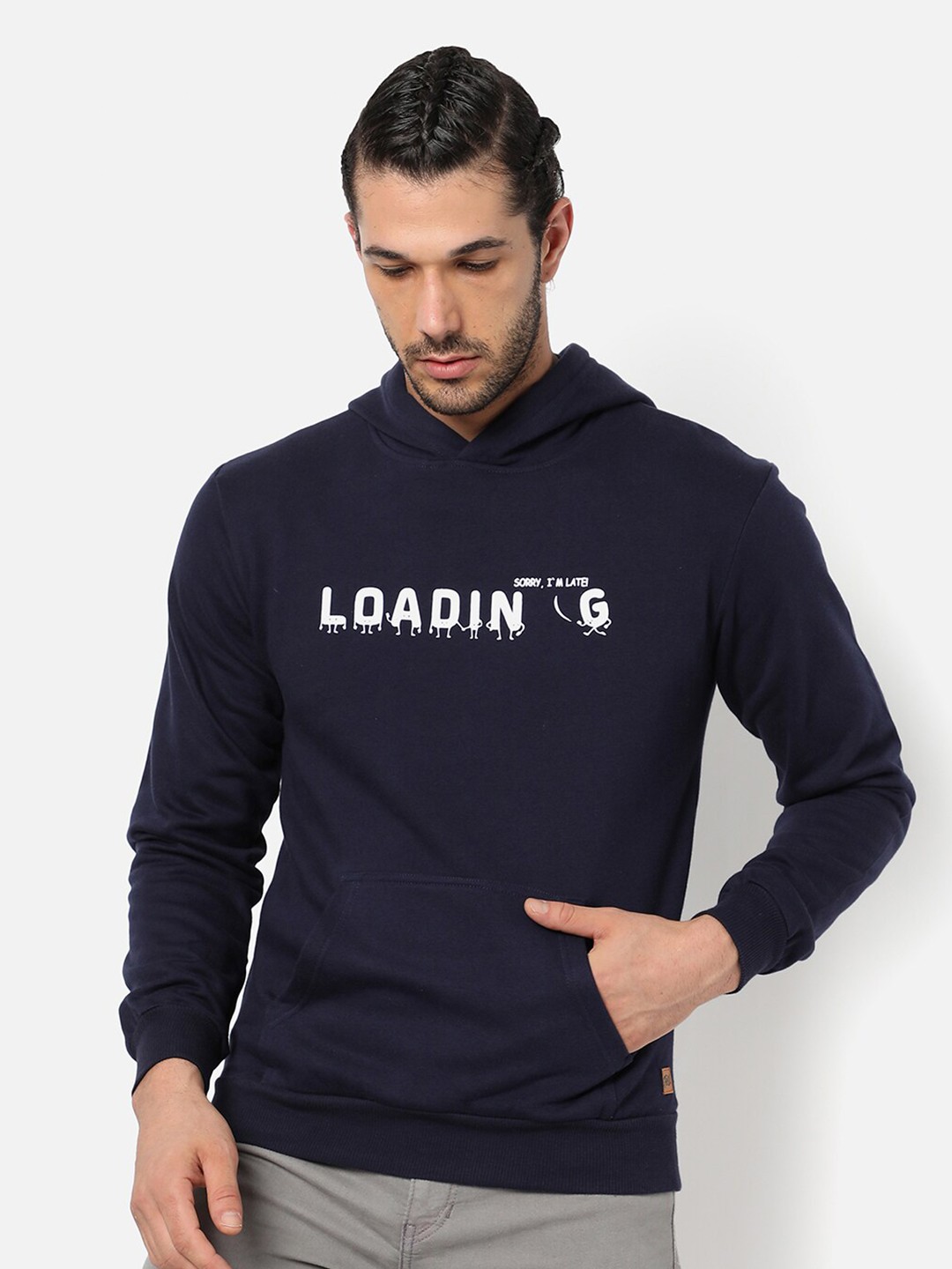 

Campus Sutra Men Navy Blue Printed Hooded Cotton Sweatshirt