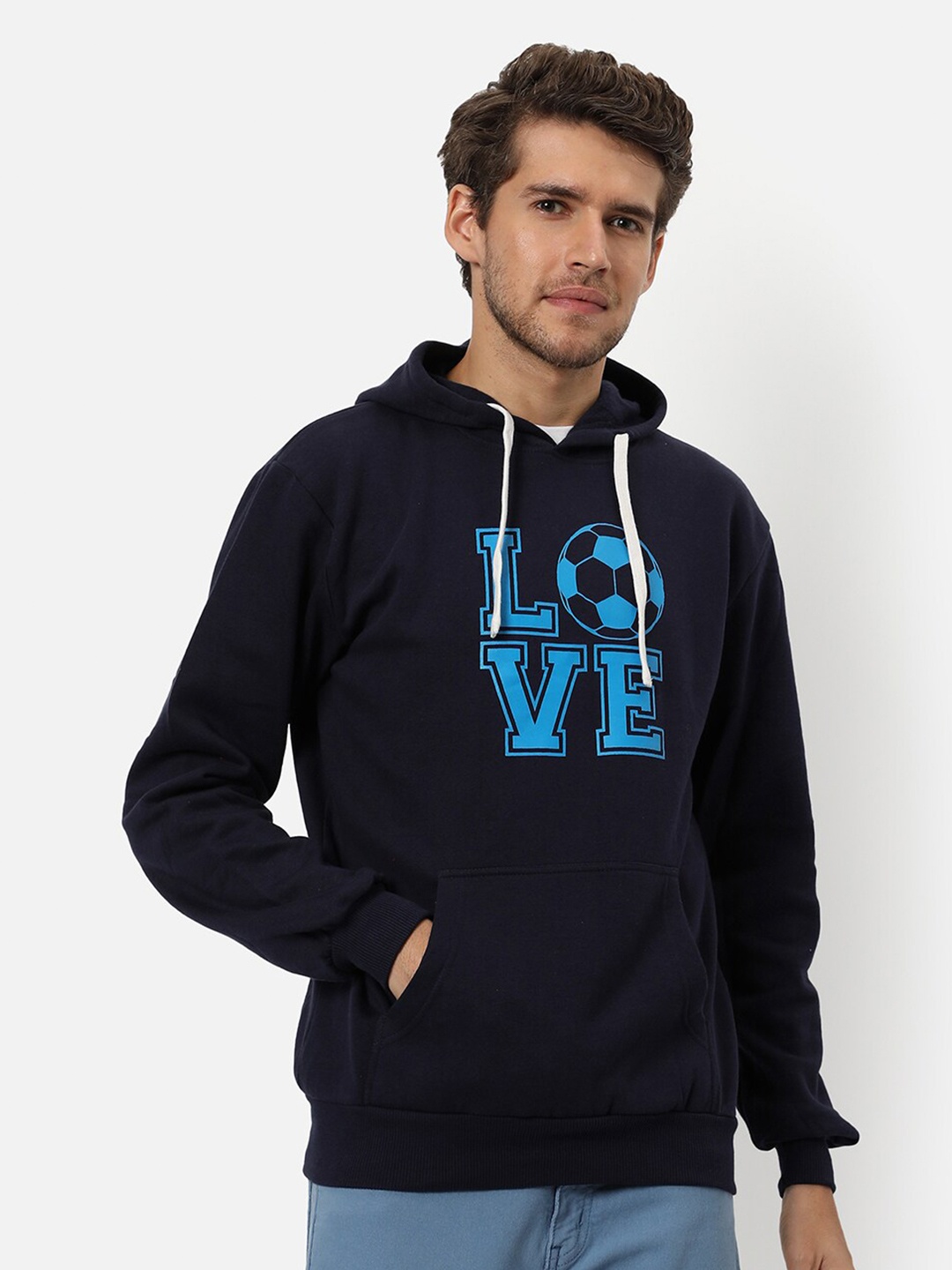 

Campus Sutra Men Blue Printed Hooded Cotton Sweatshirt
