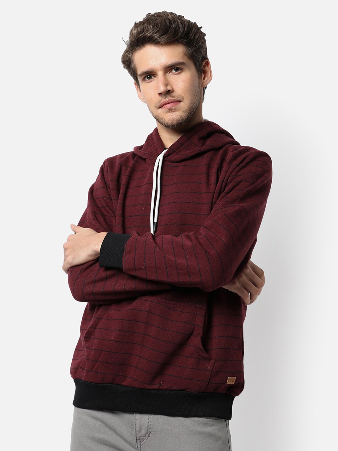 

Campus Sutra Men Maroon Striped Hooded Cotton Sweatshirt