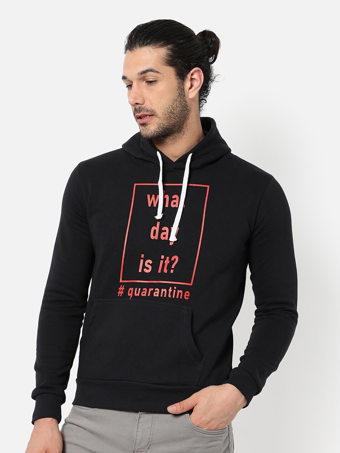 

Campus Sutra Men Black Printed Hooded Sweatshirt