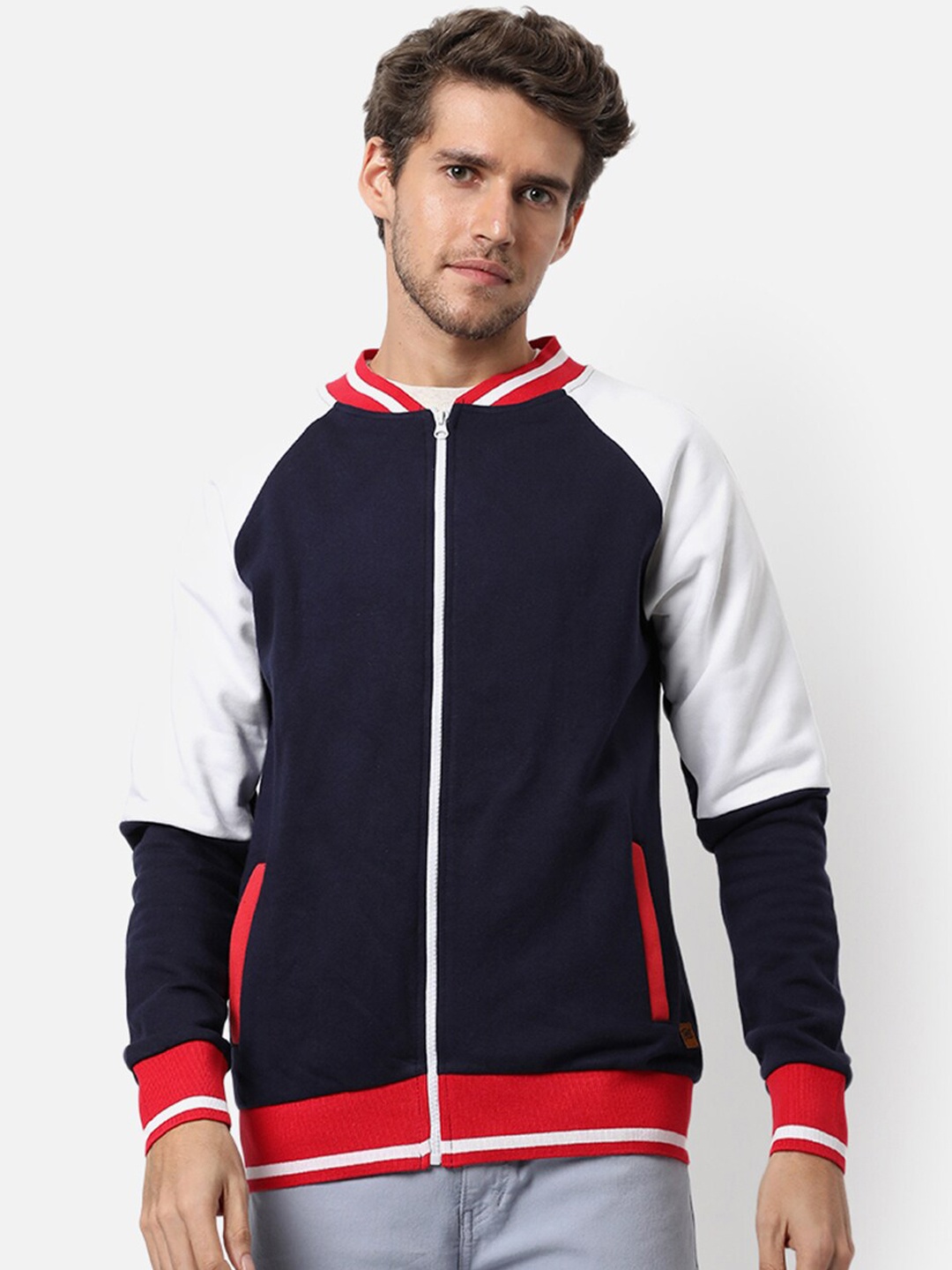 

Campus Sutra Men Navy Blue White Colourblocked Varsity Jacket