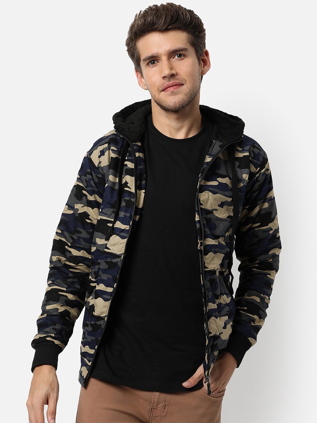 

Campus Sutra Men Olive Green Beige Camouflage Bomber Jacket