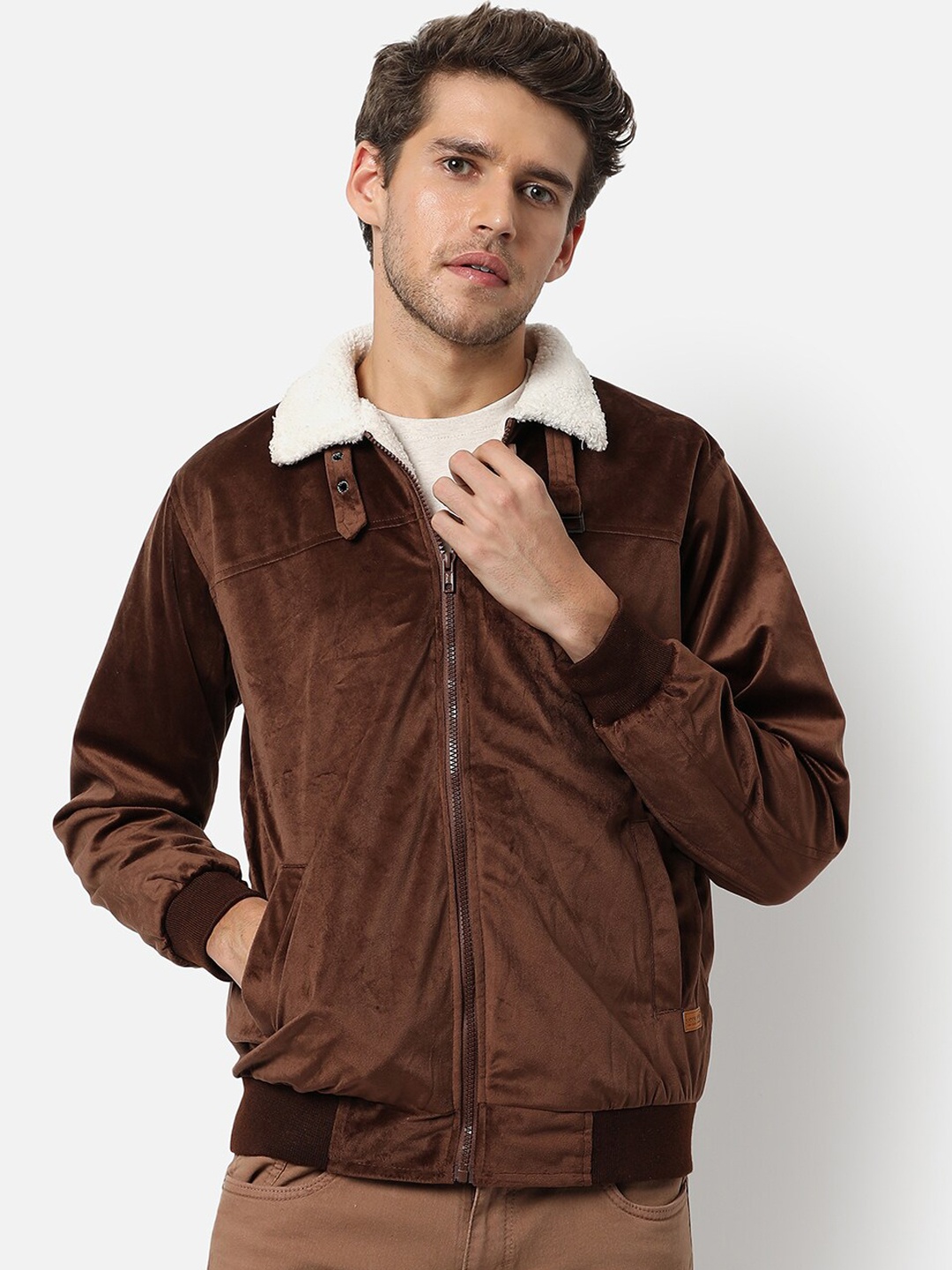 

Campus Sutra Men Brown Suede Bomber Jacket