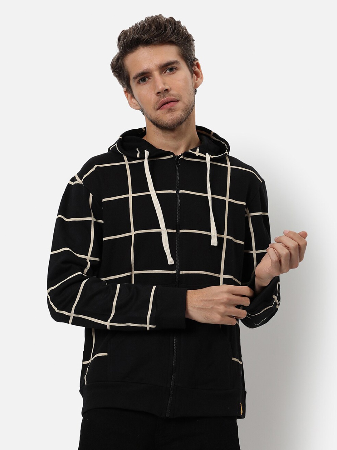 

Campus Sutra Men Black Checked Hooded Sweatshirt