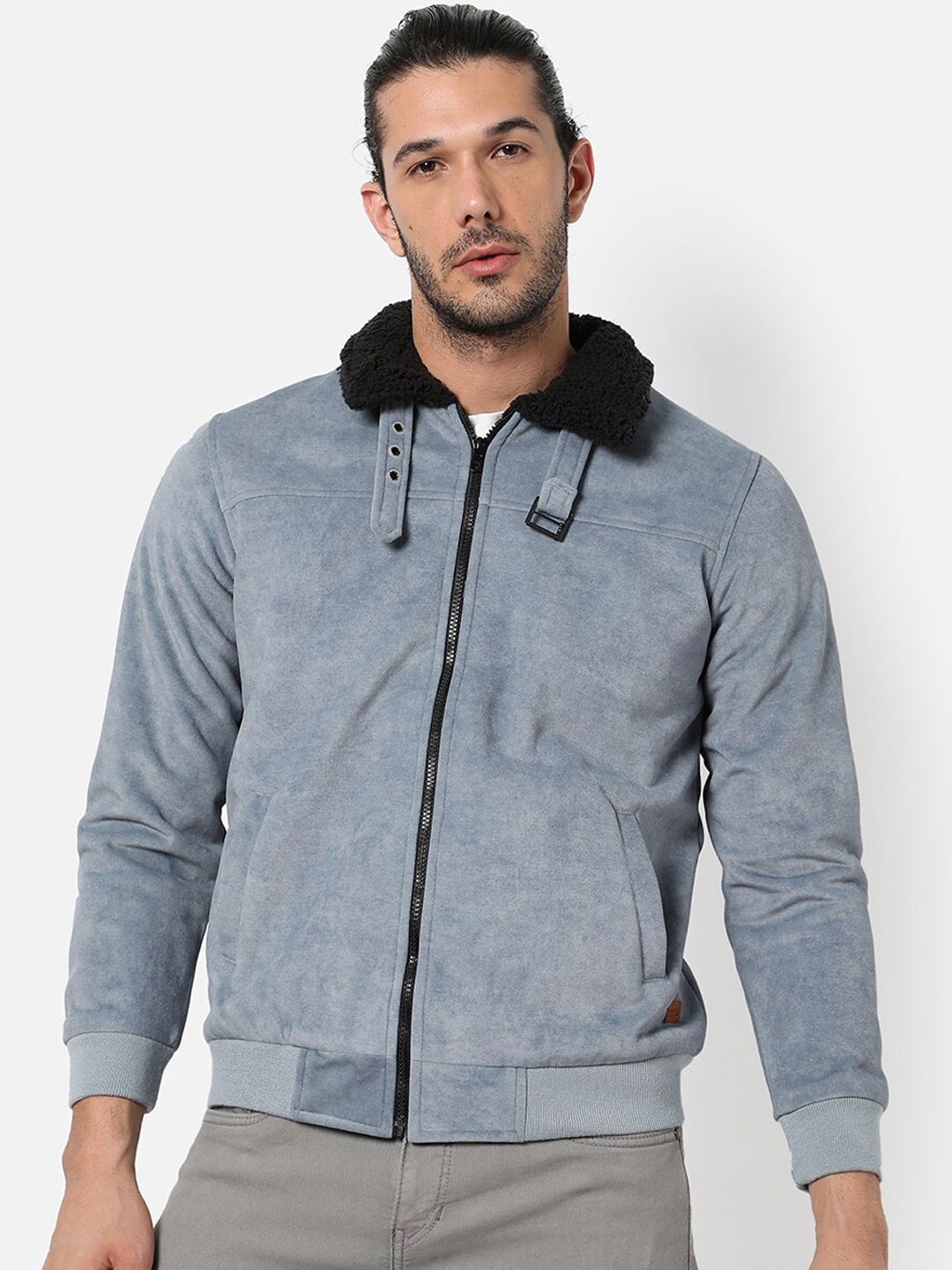 

Campus Sutra Men Blue Grey Suede Windcheater Outdoor Open Front Jacket