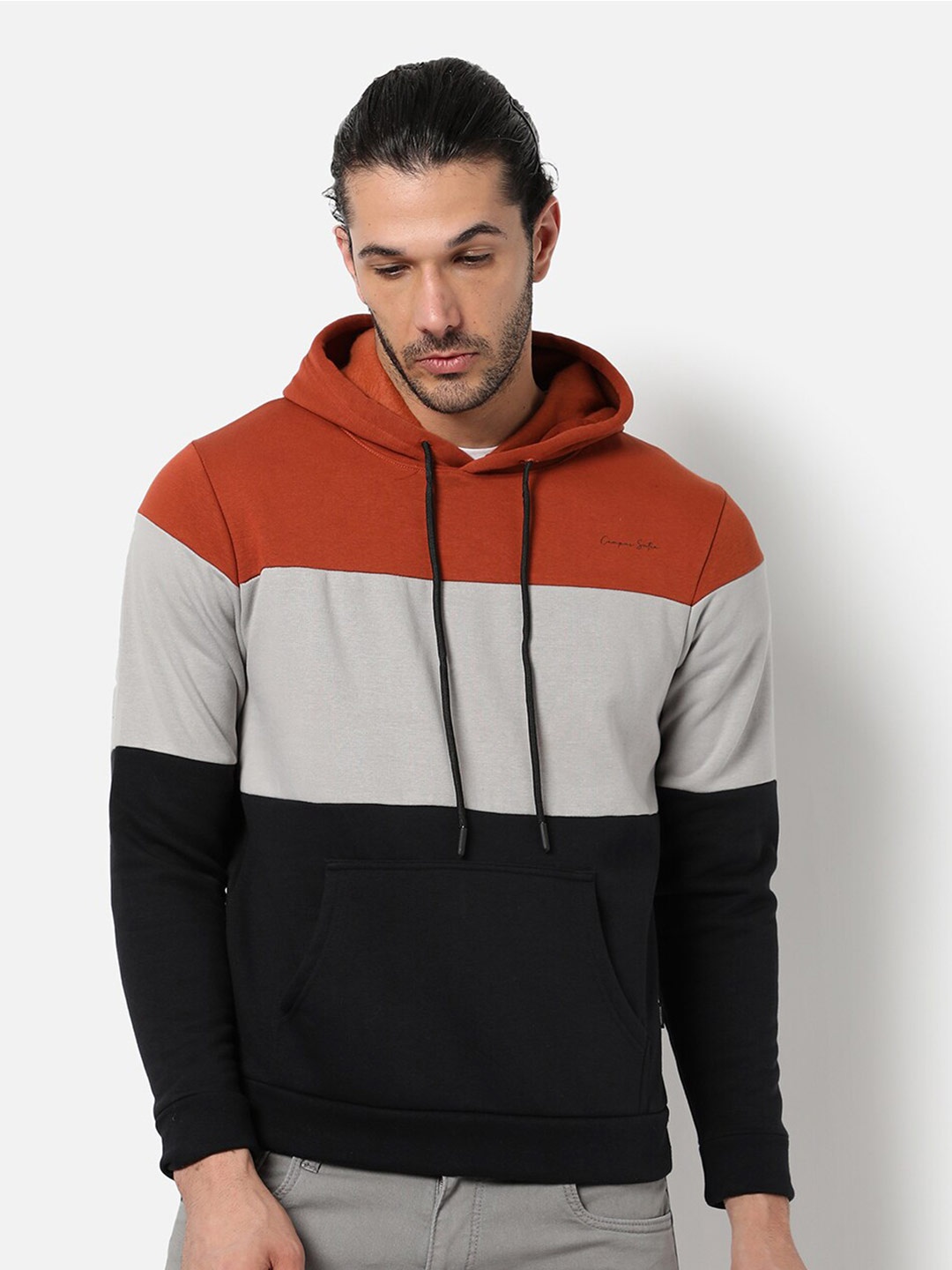 

Campus Sutra Men Red and Black Colourblocked Hooded Sweatshirt