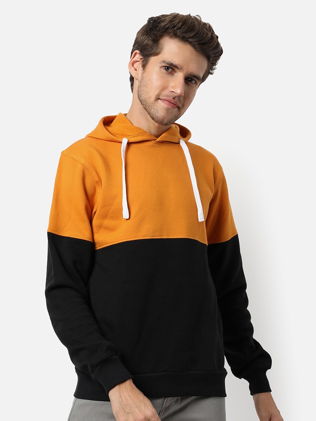 

Campus Sutra Men Mustard Colourblocked Hooded Sweatshirt