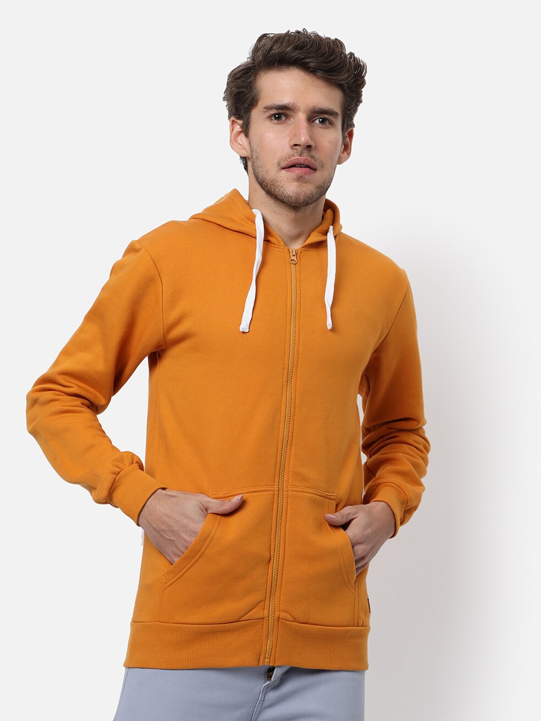 

Campus Sutra Men Mustard Hooded Solid Cotton Sweatshirt