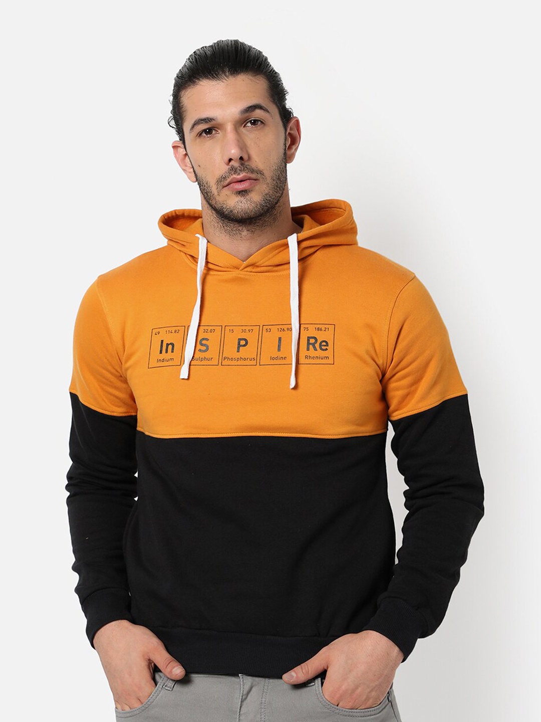 

Campus Sutra Men Mustard Colourblocked Hooded Sweatshirt