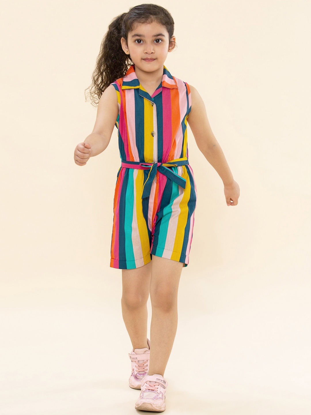 

A T U N Girls Striped Cotton Waist Tie-Ups Sleeveless Jumpsuit, Multi