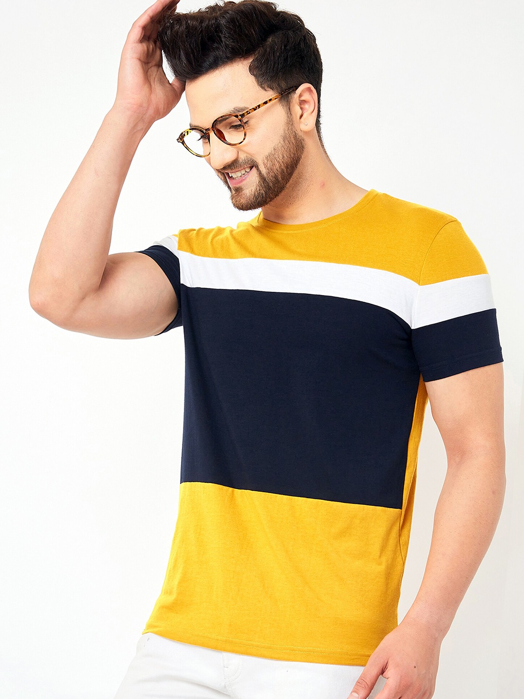 

AUSK Men Mustard Yellow Colorblocked T-shirt