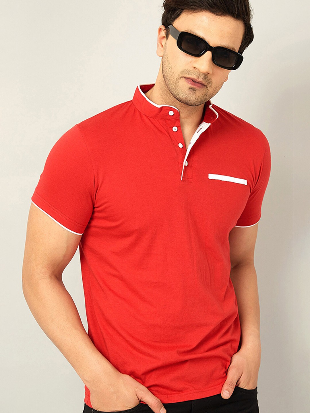 

AUSK Men Red Mandarin Collar Cotton T-shirt
