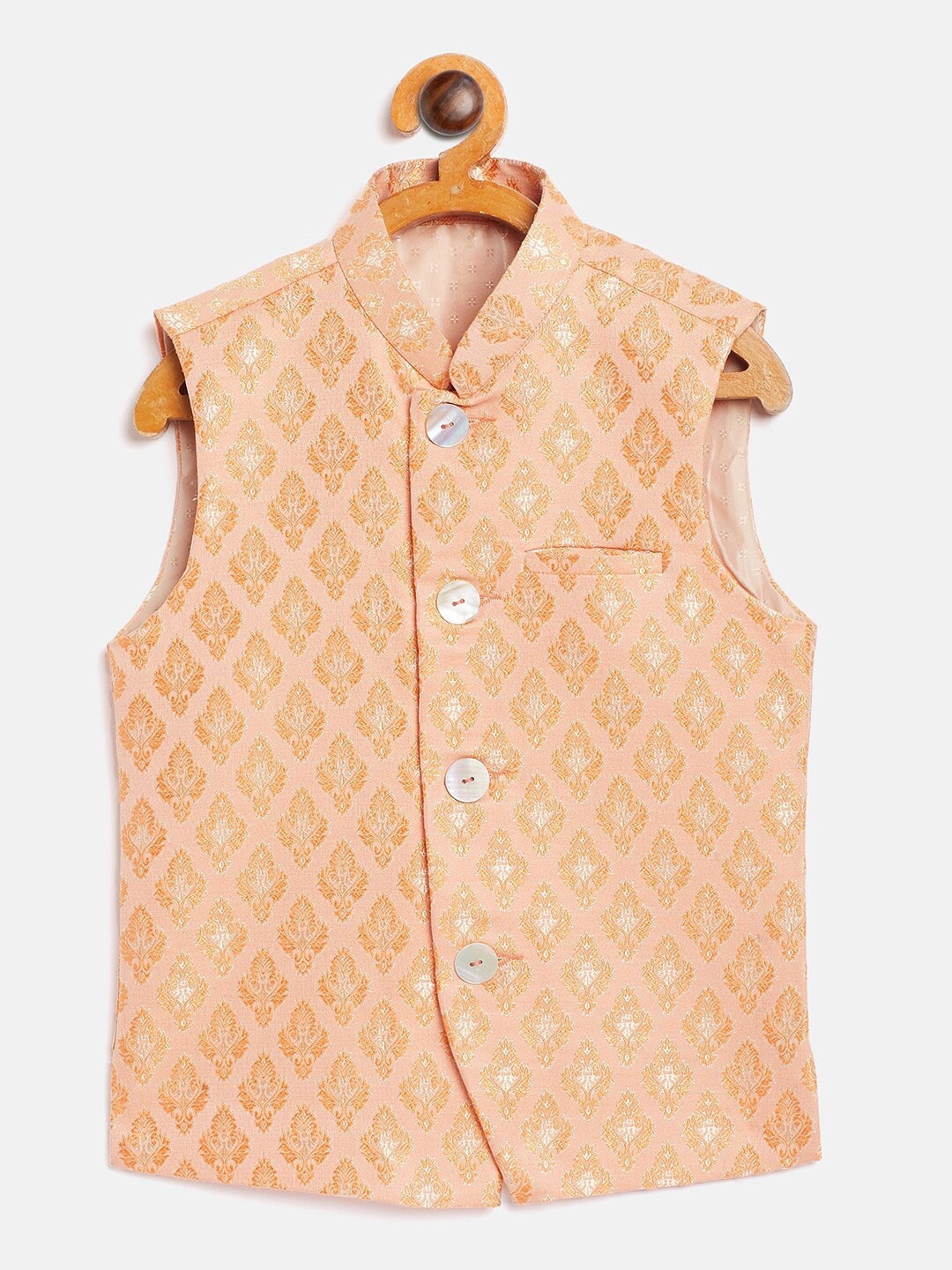 

YK Boys Ethnic Self Pattern Buti Nehru Jacket, Peach