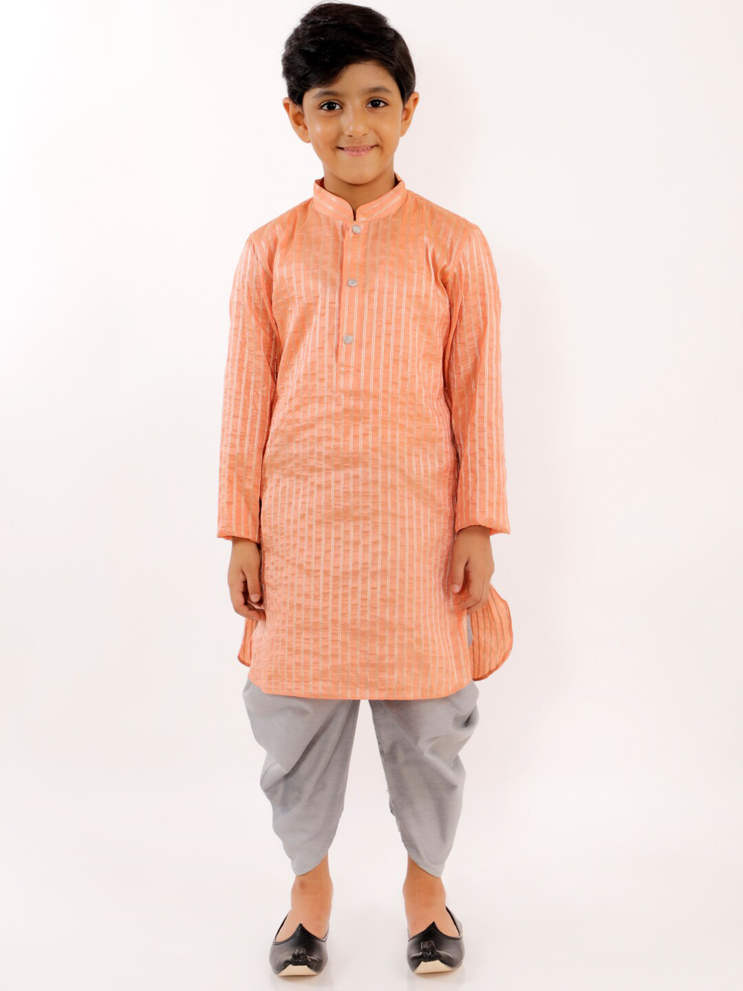 

YK Boys Orange Striped Mandarin Collar Straight Kurta with Dhoti Pants, Pink