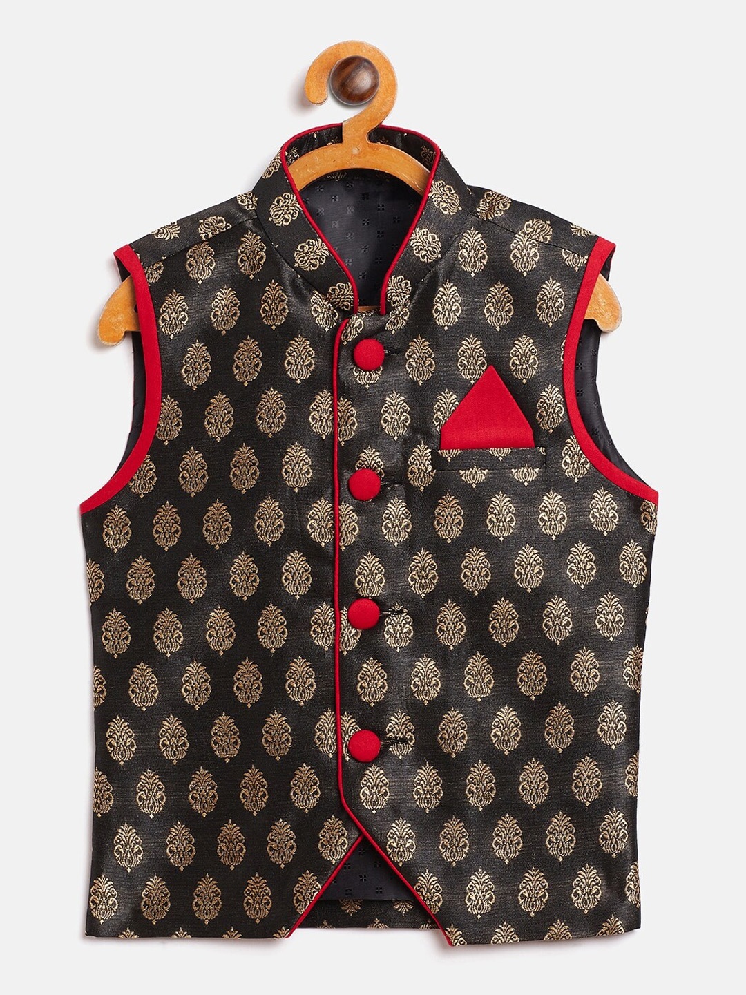 

YK Boys Black Ethnic Self Pattern Buti Nehru Jacket with Square Pocket