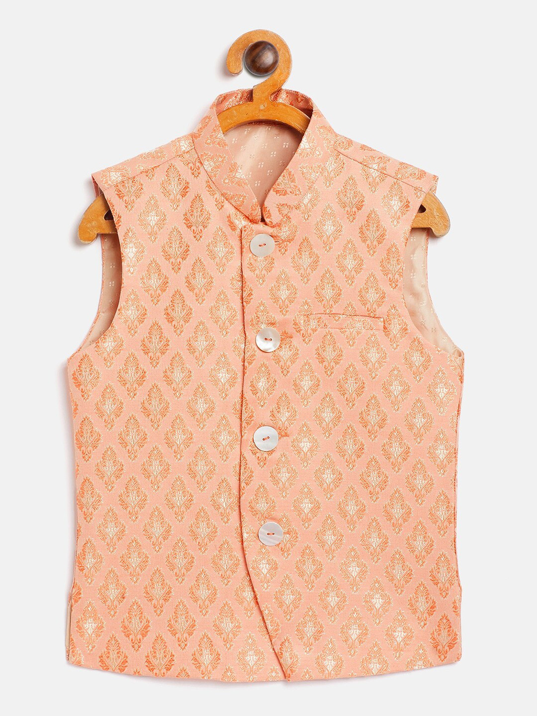 

YK Boys Peach Ethnic Self Pattern Buti Nehru Jacket