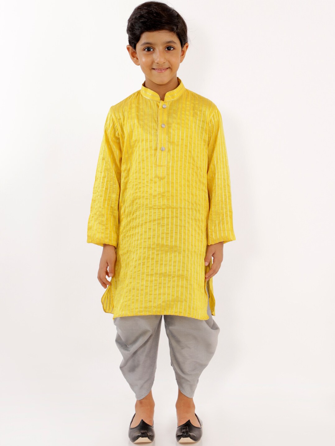 

YK Boys Yellow Striped Mandarin Collar Straight Kurta with Dhoti Pants