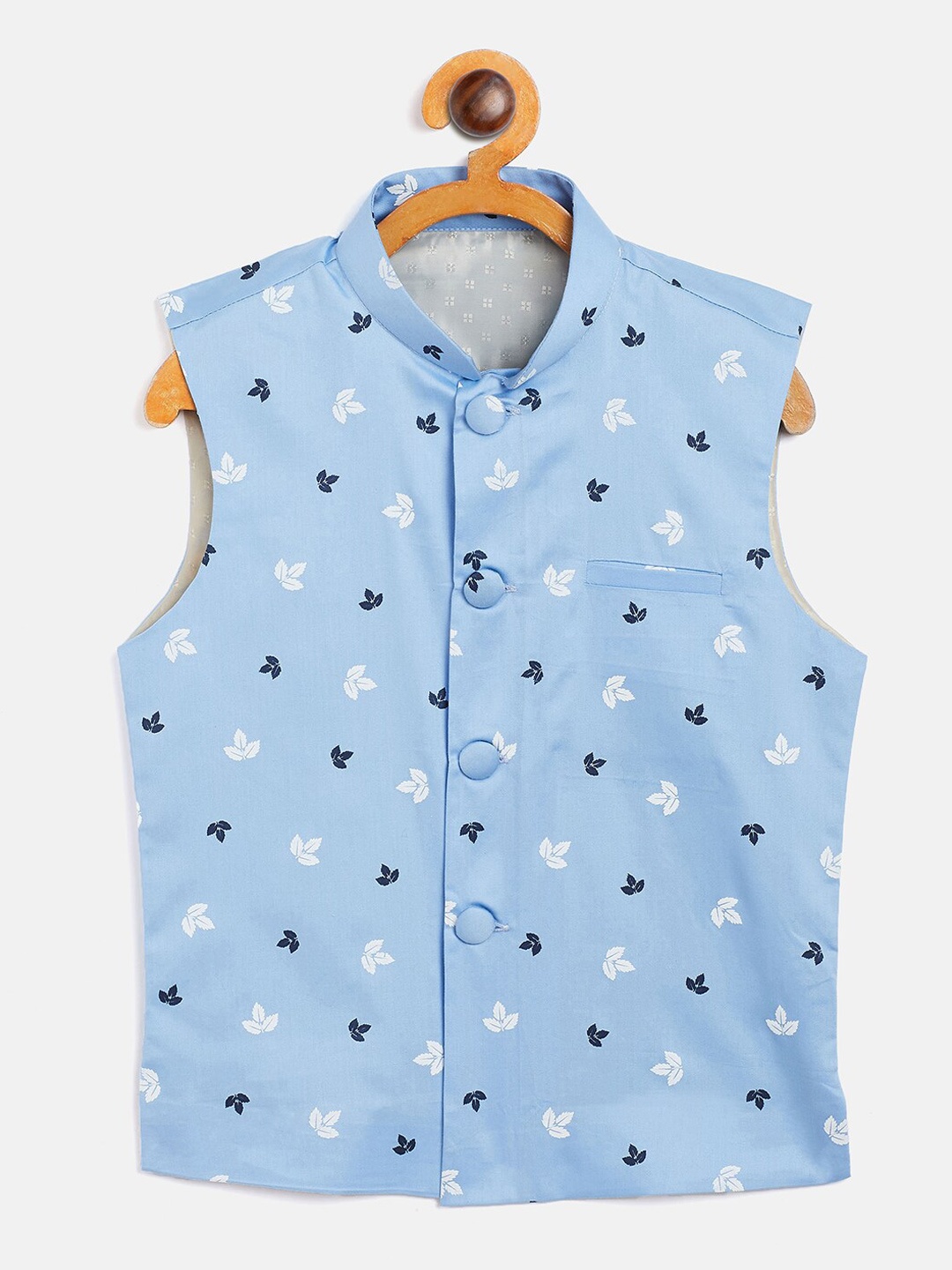 

YK Boys Blue Leaf Motif Printed Nehru Jacket