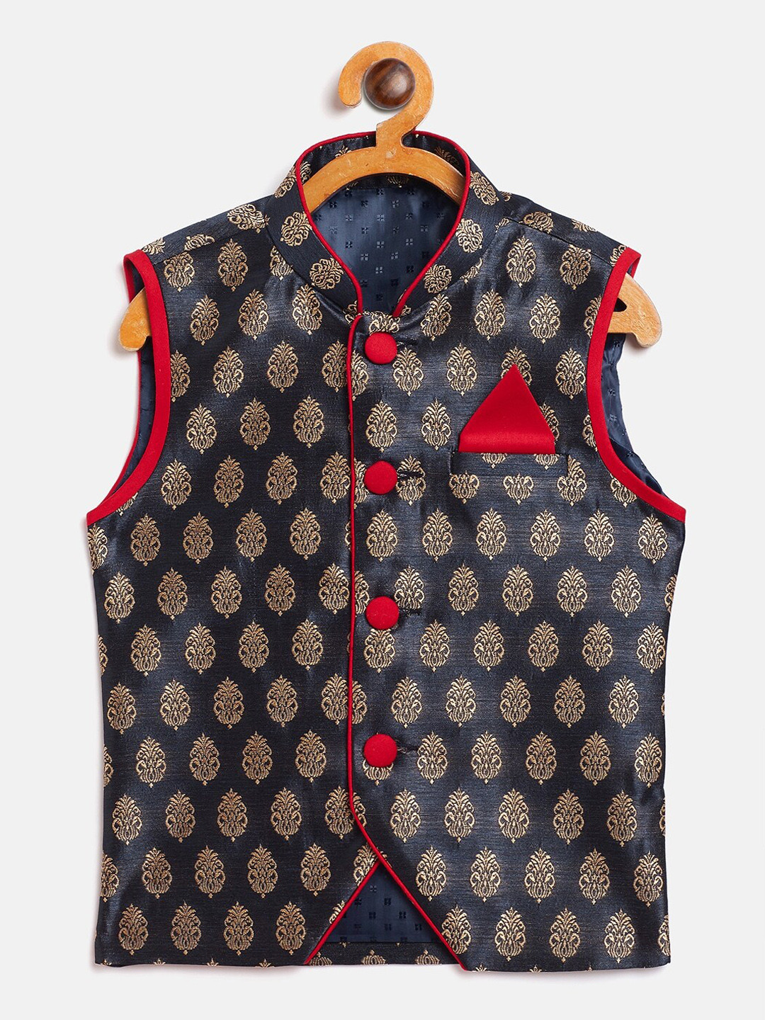 

YK Boys Navy Blue Ethnic Self Pattern Buti Nehru Jacket with Square Pocket