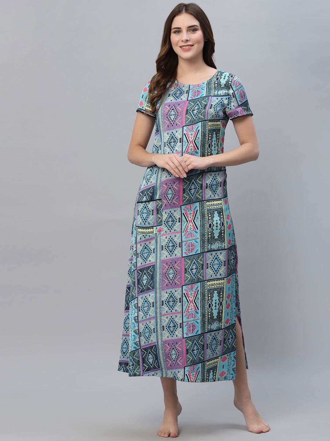 

HOUSE OF KKARMA Women Blue Printed Maxi Nightdress