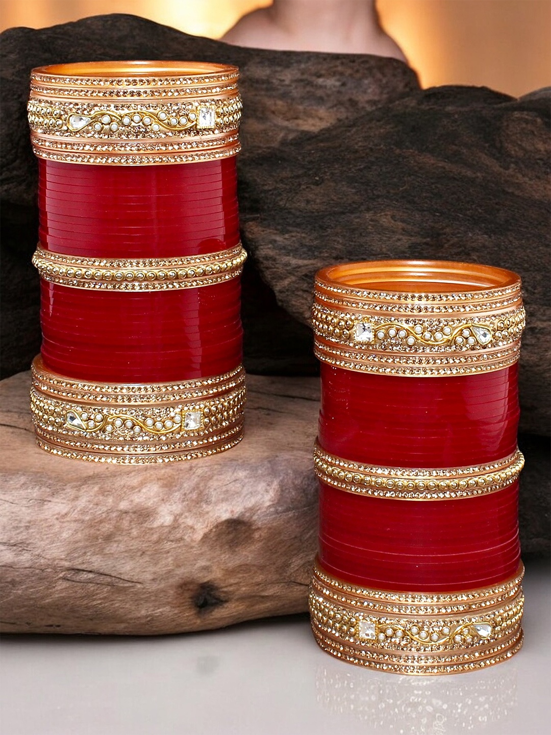 

LUCKY JEWELLERY Maroon & Gold-Toned Kundan Studded Bridal Chura Bangle Set