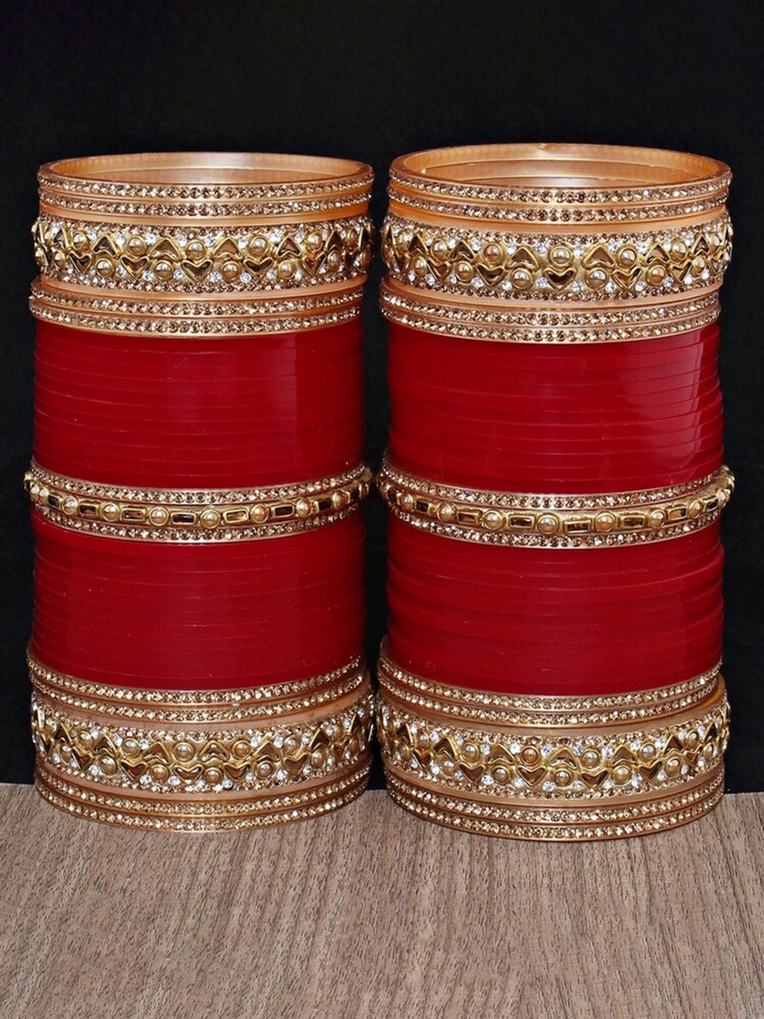 

LUCKY JEWELLERY Maroon CZ & Kundan Stone-Studded Punjabi Chura Bridal Wedding Bangle Set