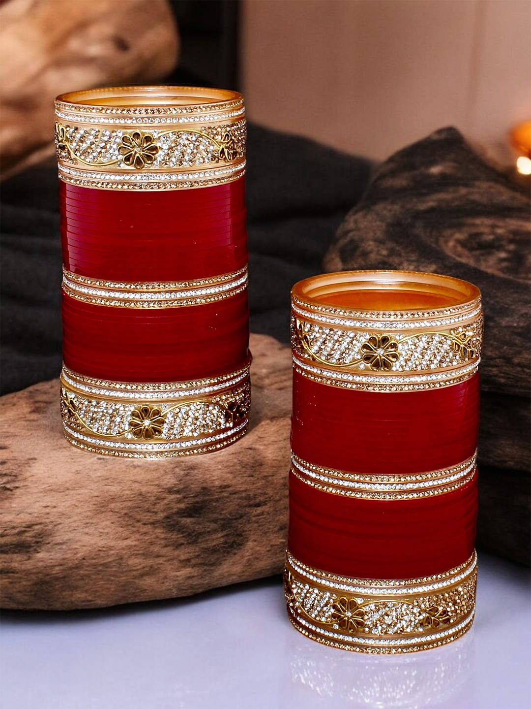 

LUCKY JEWELLERY Gold-Toned & Maroon Kundan & CZ Studded Chura Bangle Set