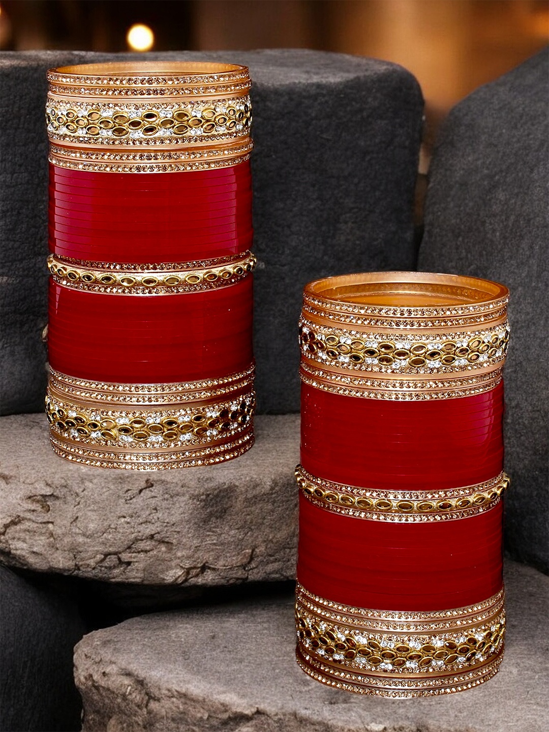 

LUCKY JEWELLERY Maroon & White Stone Studded Bangles Set