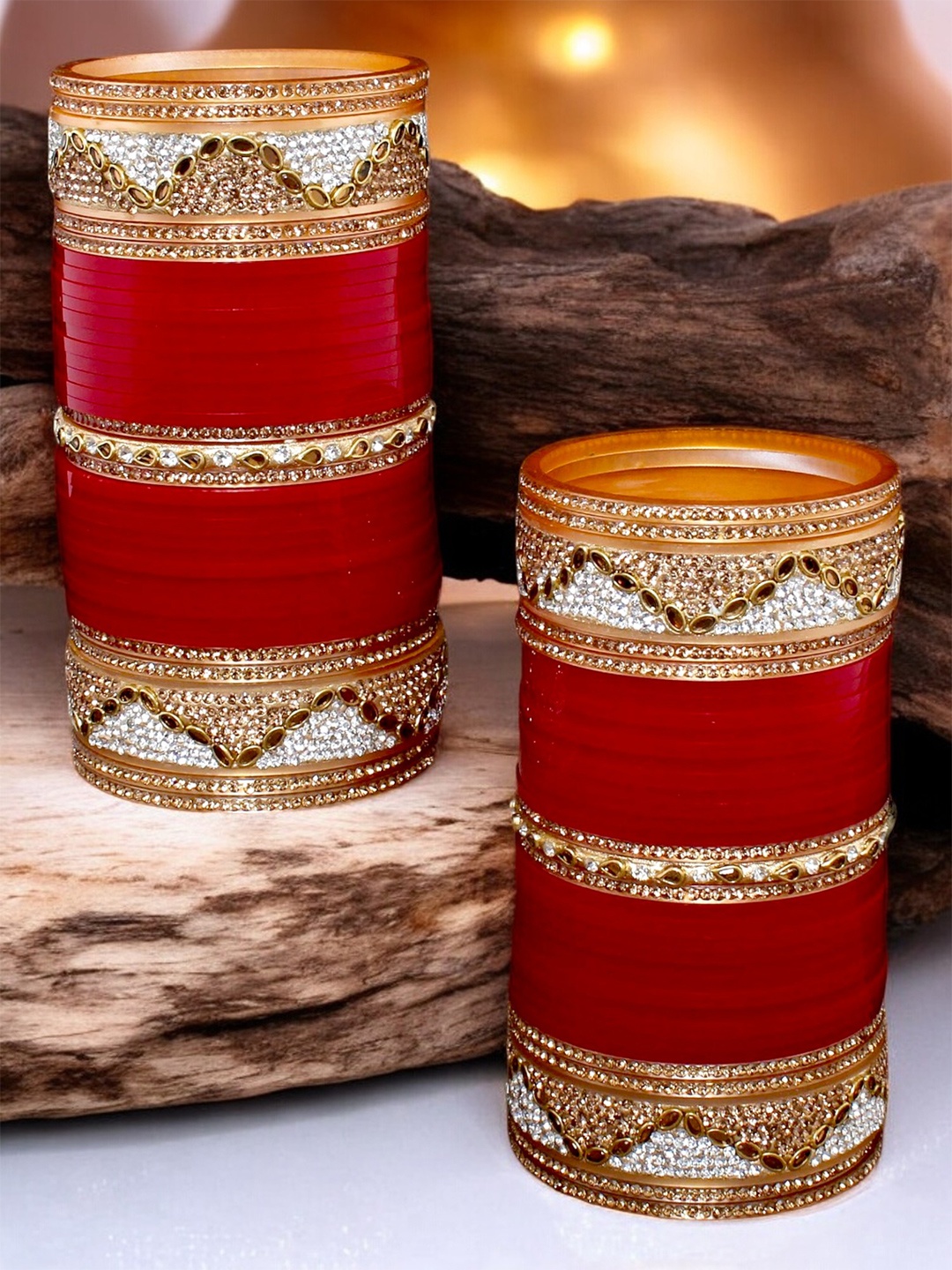 

LUCKY JEWELLERY Maroon & Gold-Toned Kundan Studded Bridal Chura Bangle Set