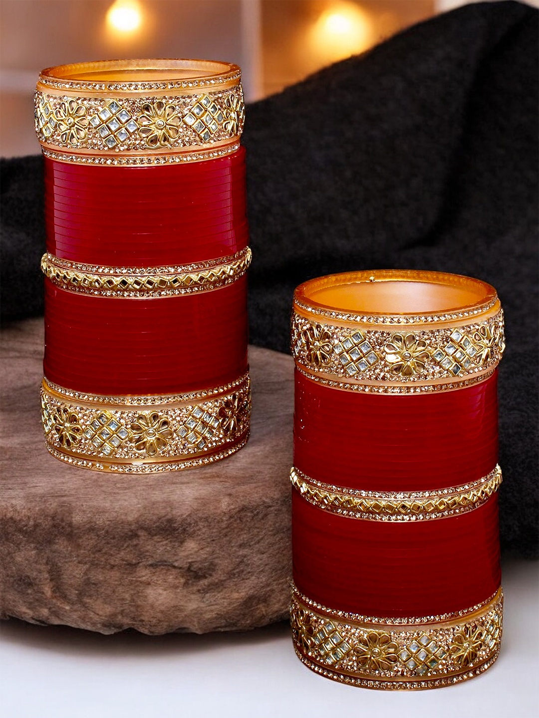 

LUCKY JEWELLERY Gold-Toned & Maroon Kundan & CZ Stone-Studded Punjabi Chuda Bangle Set