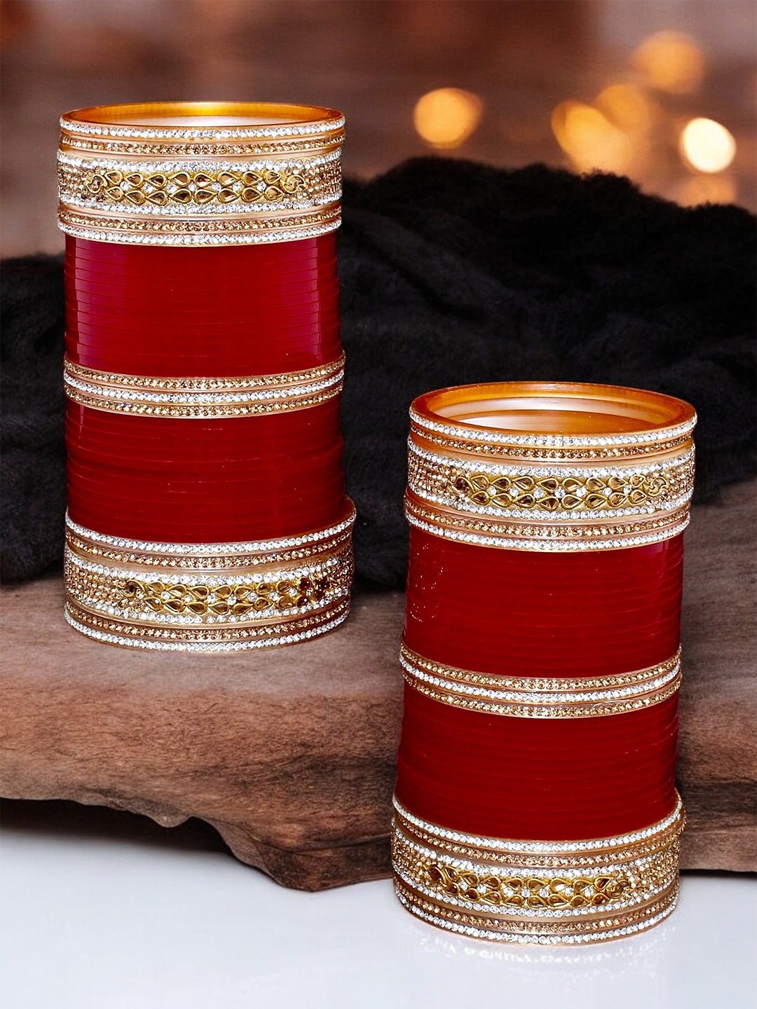 

LUCKY JEWELLERY Maroon & White CZ & Kundan Stone-Studded Punjabi Bridal Wedding Bangle Set