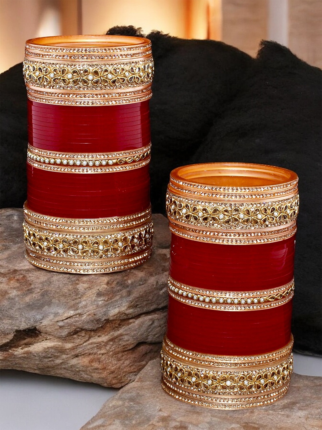 

LUCKY JEWELLERY Gold-Toned & Maroon Kundan & CZ Stone-Studded Chuda Bangle Set