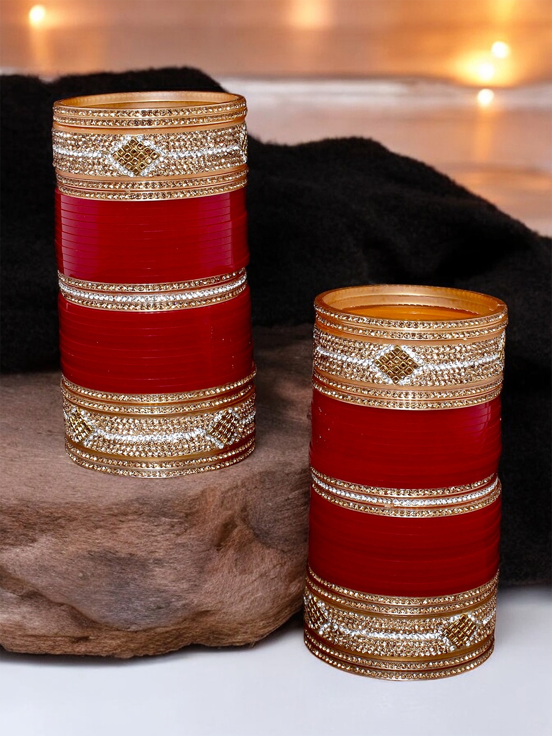 

LUCKY JEWELLERY Gold-Toned & Maroon Kundan & CZ Stone-Studded Punjabi Chuda Bangle Set