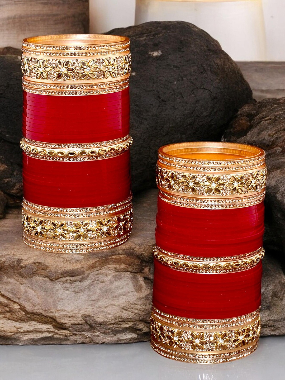 

LUCKY JEWELLERY Gold-Toned & Maroon Kundan & CZ Stone-Studded Punjabi Chuda Bangle Set