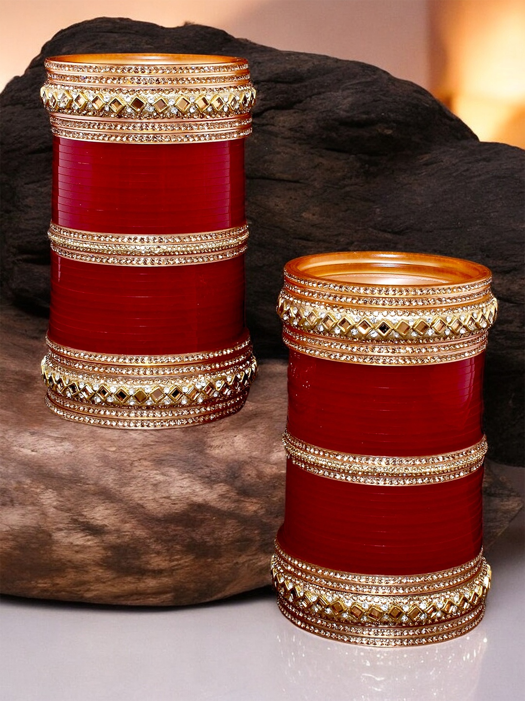 

LUCKY JEWELLERY Maroon & Gold Toned Kundan Studded Bridal Chura Bangle Set